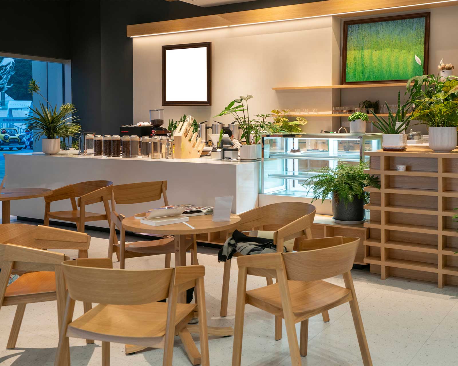 A cozy and modern coffee shop interior