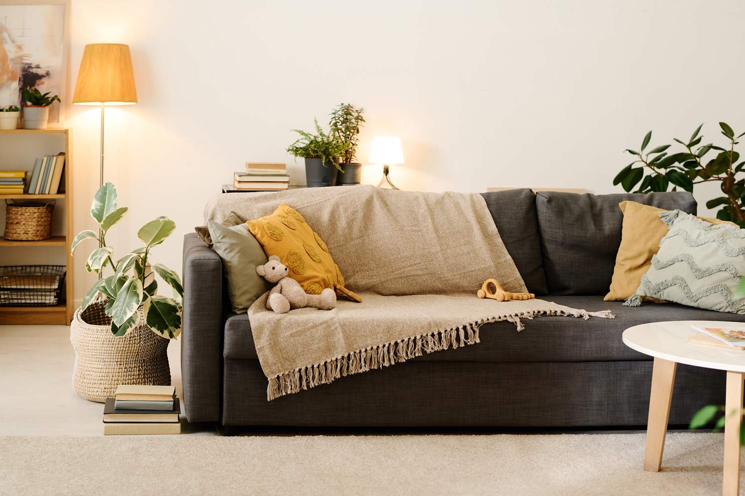Cozy living room with a couch and cushions