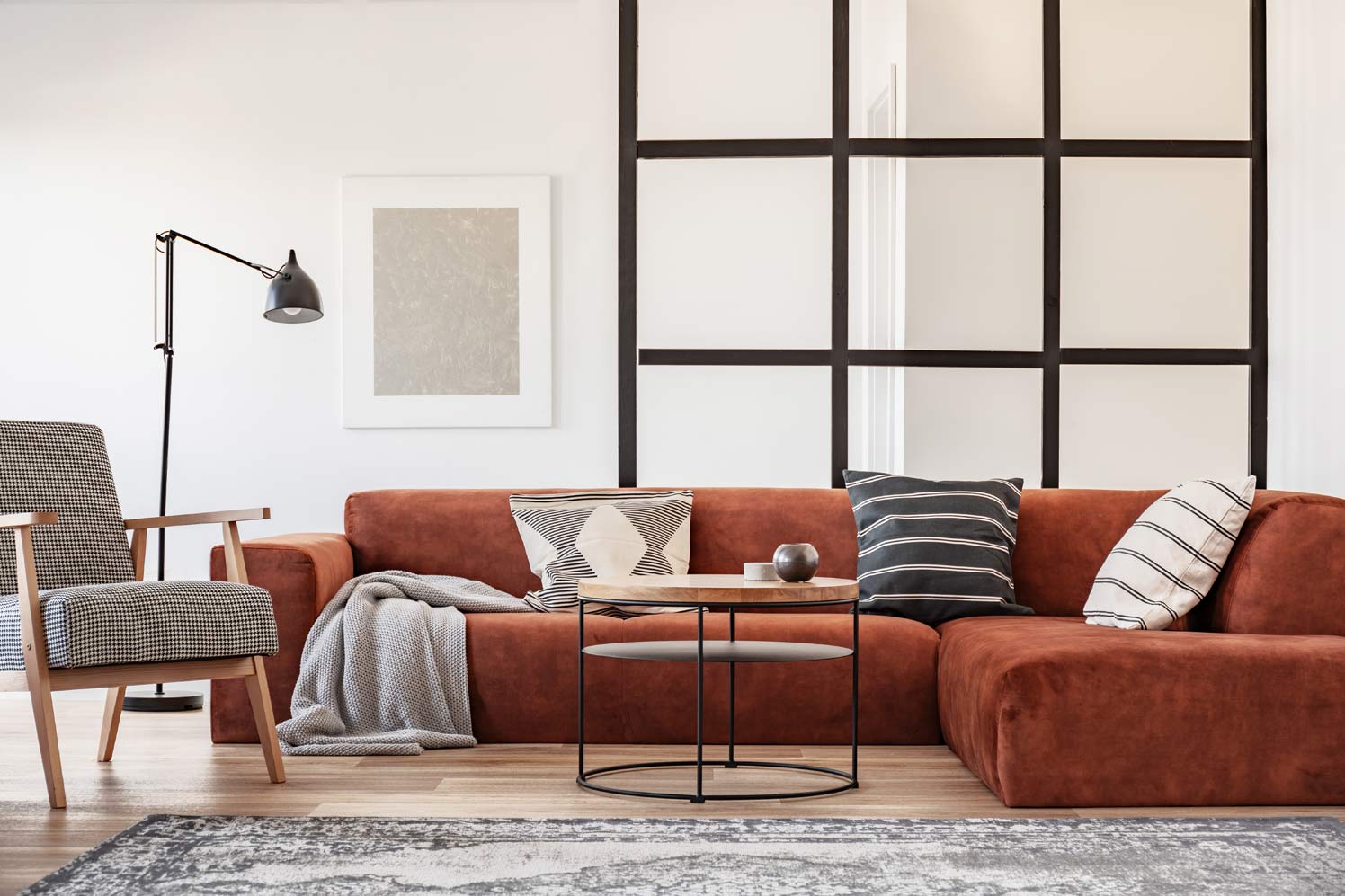 Modern living room interior design with large terracotta sofa